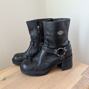 Vintage Harley-Davidson Leather Harness Chunky Heel Boot In Black - 9.5